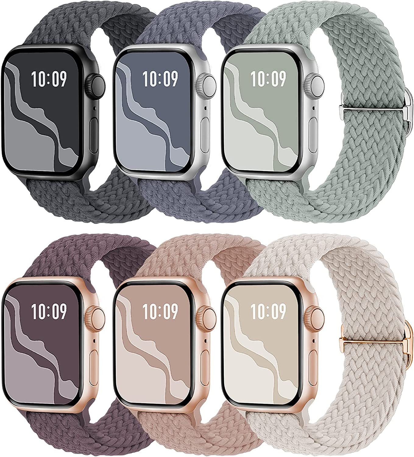 6 Pack Braided Solo Loop Compatible with Apple Watch Band 38Mm 40Mm 41Mm 42Mm 44Mm 45Mm 49Mm for Women Men, Stretchy Nylon Elastic Straps Wristbands for Iwatch Series Ultra SE 8 7 6 5 4 3 2 1  Suitisbest SmokeVioket/NudePink/BlueGrey/LightGreen/Starlight 42/44/45/49mm 
