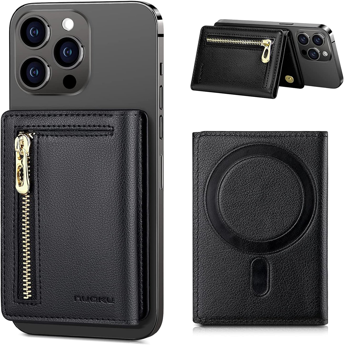 Nuoku Designed for Magsafe Wallet, Leather Magnetic Card Holder for Iphone 14 Pro Max/14 Pro/14 Plus/14 and 13/12 Series, NOT Compatible with 13/12 Mini  nuoku T-Black  