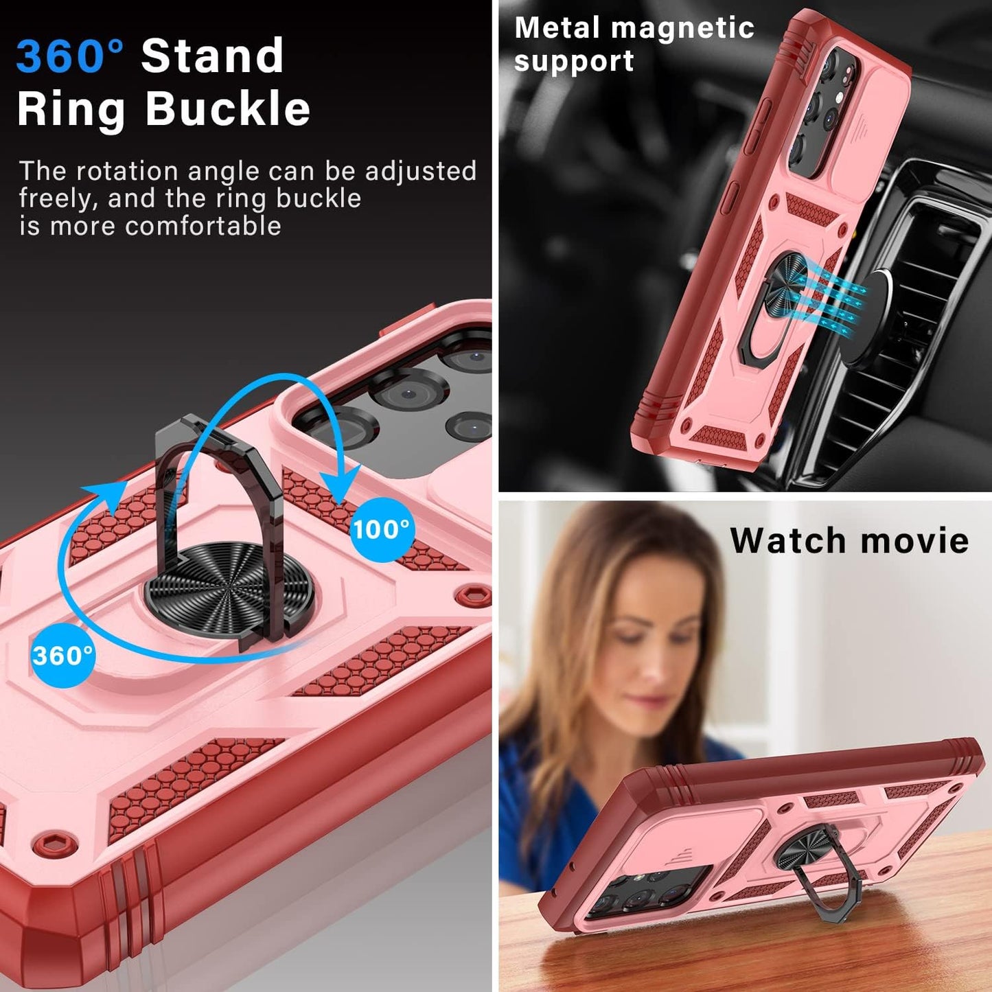 PASNEW for Samsung Galaxy S21 Ultra Case,Finger Ring Kickstand & Camera Cover Slide & Charge Port Dust Plug,Military Heavy Duty Full Body Shockproof Protective Hard Shell S21Ultra,6.8 Inch,Pink  PASNEW   