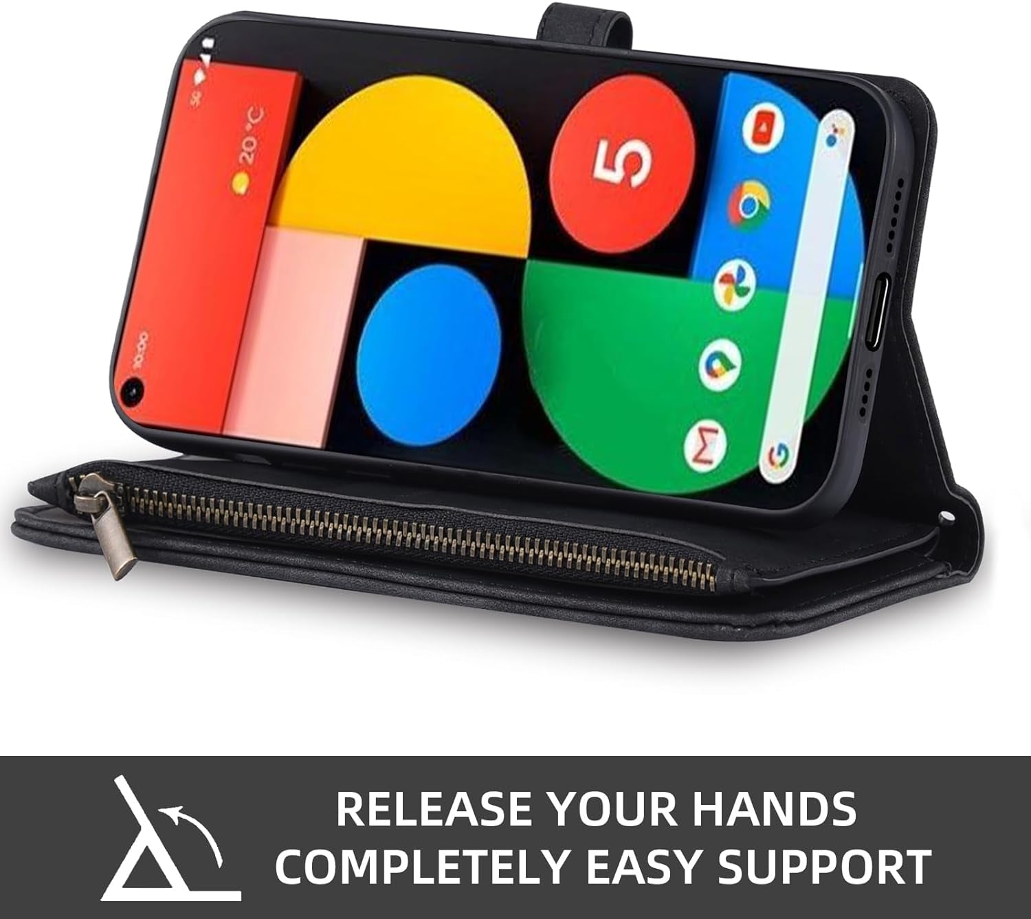 Asuwish Phone Case for Google Pixel 4A 5G 6.2 Wallet Cover with Screen Protector and Crossbody Wrist Strap Leather Flip Pattern Zipper Credit Card Holder Pixel4A5G UW Pixel4A 5G Pixle A4 G5 4A5G Black  Asuwish   