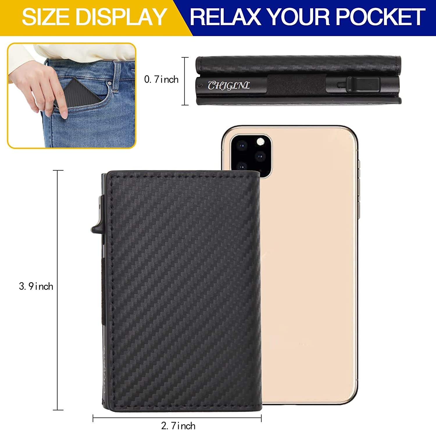 CHJGLNL Genuine Leather Slim Wallet for Men, Pop up Wallet RFID Blocking Money Credit Card Holder Minimalist Smart Wallet Ideal for Men'S Gift  CHJGLNL   