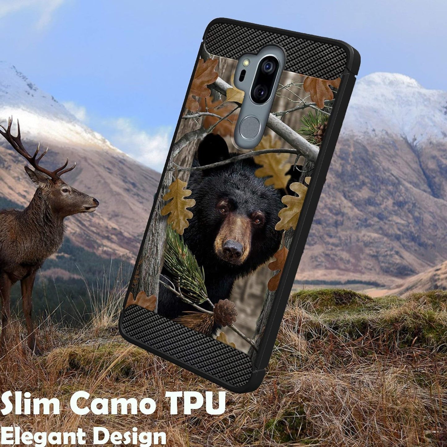 Casesondeck Bear Case Compatible with [LG G7 / LG G7 Thinq] Hunters Series Slim No Bulk Carbon Fiber Texture Black Flexible TPU Material (Bear Tree Camo)  CasesonDeck   