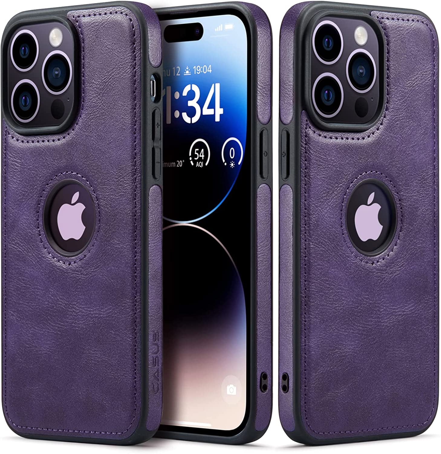 Casus Designed for Iphone 14 Pro Max Case Vegan Leather Slim Logo View Classic Luxury Elegant Thin Protective Cover (2022) 6.7" - Golden Brown  Casus Purple  