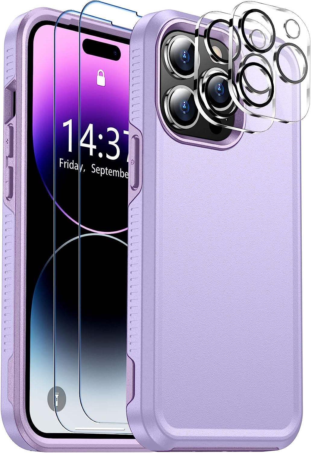 Justcool Designed for Iphone 14 plus Case, [Crystal Clear Not Yellowing] with [2 Pcs Tempered Glass Screen Protectors & 2 Pcs Camera Lens Protector] Slim Thin Protective Phone Case (Clear)  Justcool Purple Iphone 14 Pro 