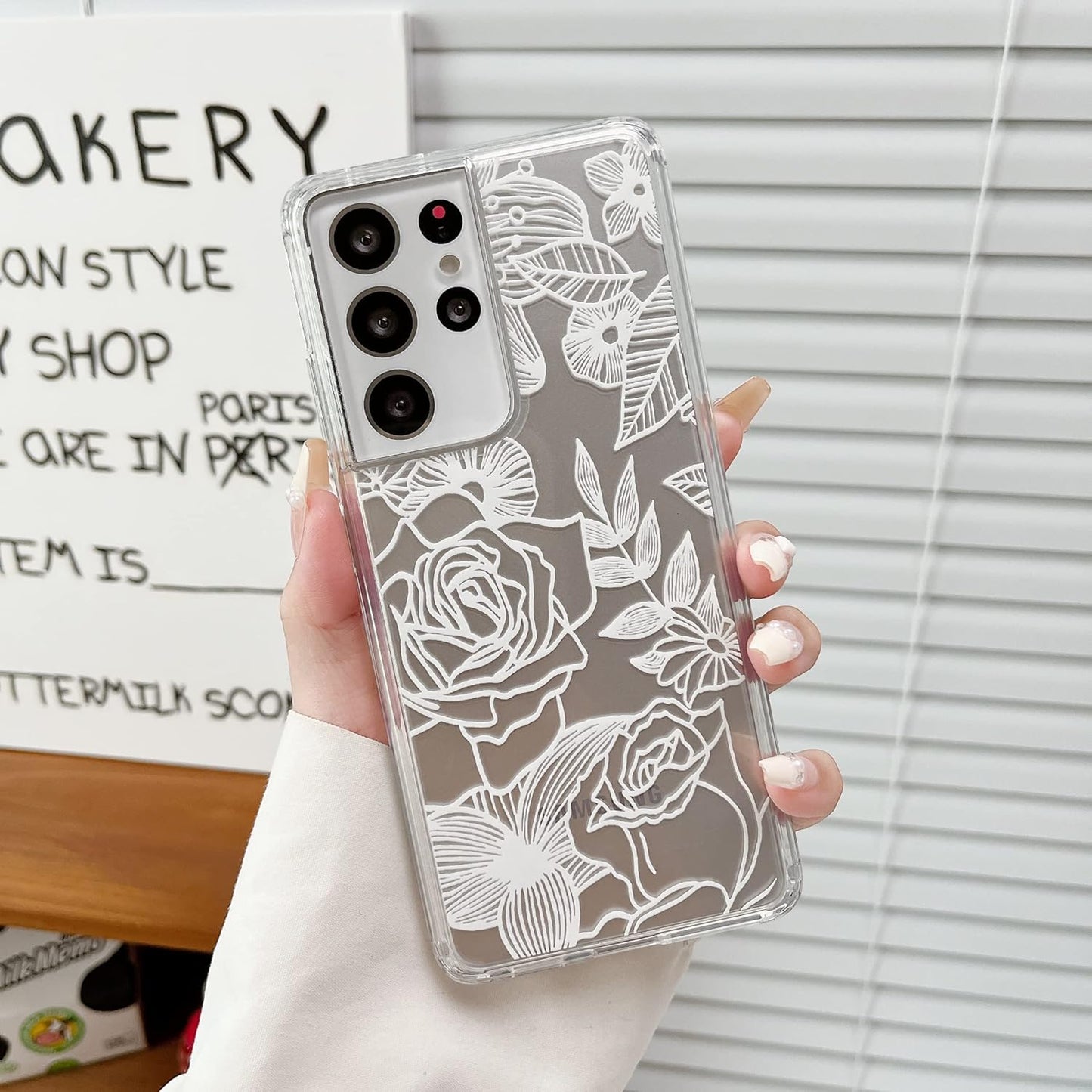 XIZYO for Samsung Galaxy S21 Ultra Case Floral Rose Phone Case Cute Aesthetic Phone Case for Women Girls Clear Back Cover Pattern Slim Anti-Yellow Shockproof TPU Bumper Case, Black  XIZYO Clear White  