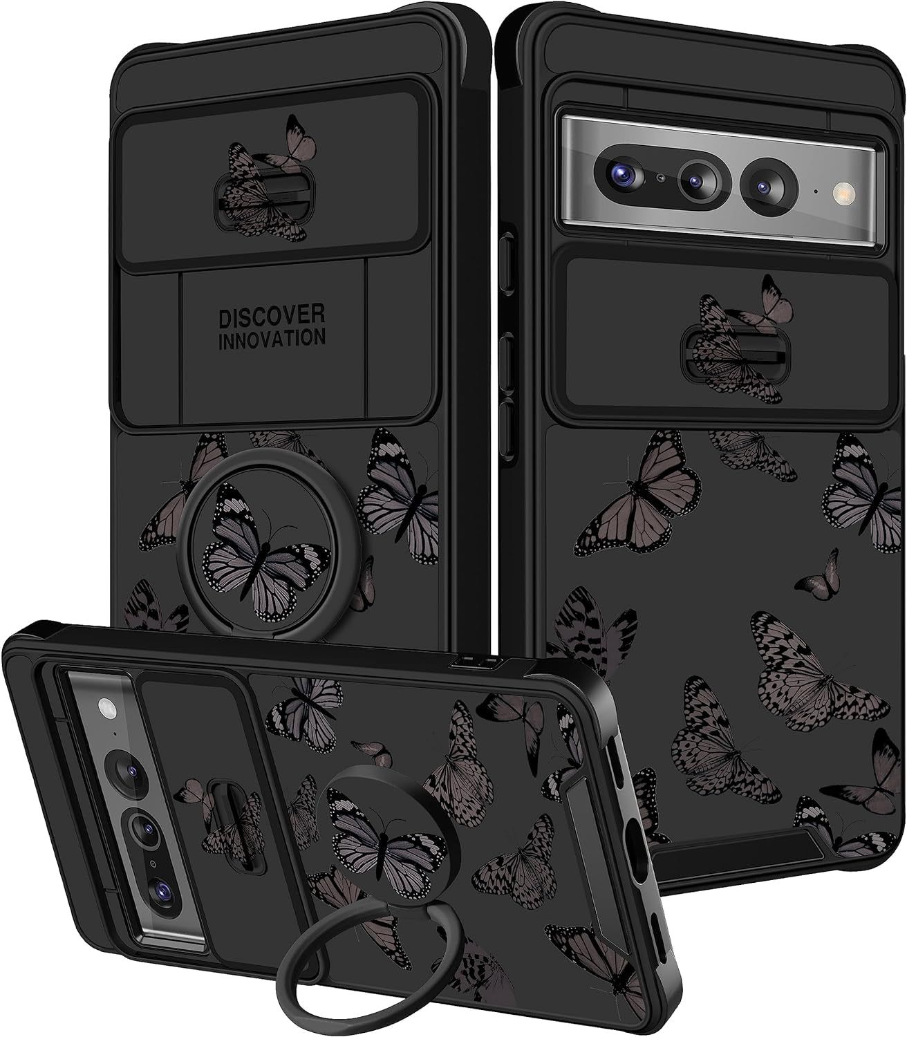 Funermei (2In1 for Google Pixel 7 Pro Case for Women Cute Butterfly Girls Phone Cover Girly Kawaii Aesthetic Butterfly Design with Camera Cover and Ring Stand Funda for Google Pixel Pro 7 Case  Funermei 1-For Pixel 7 Pro-Black Butterfly  