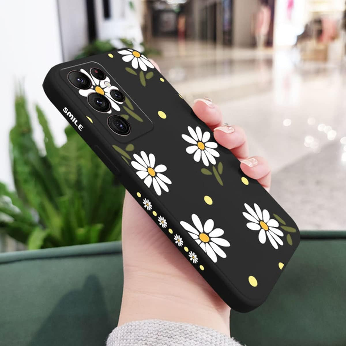 Sunswim Compatible with Galaxy S21 Ultra Case Cute Daisy Pattern Camera Lens Protection Shockproof TPU Bumper Liquid Silicone Protective Cover Phone Cases for Samsung Galaxy S21 Ultra 5G 6.8"-Black  Sunswim   