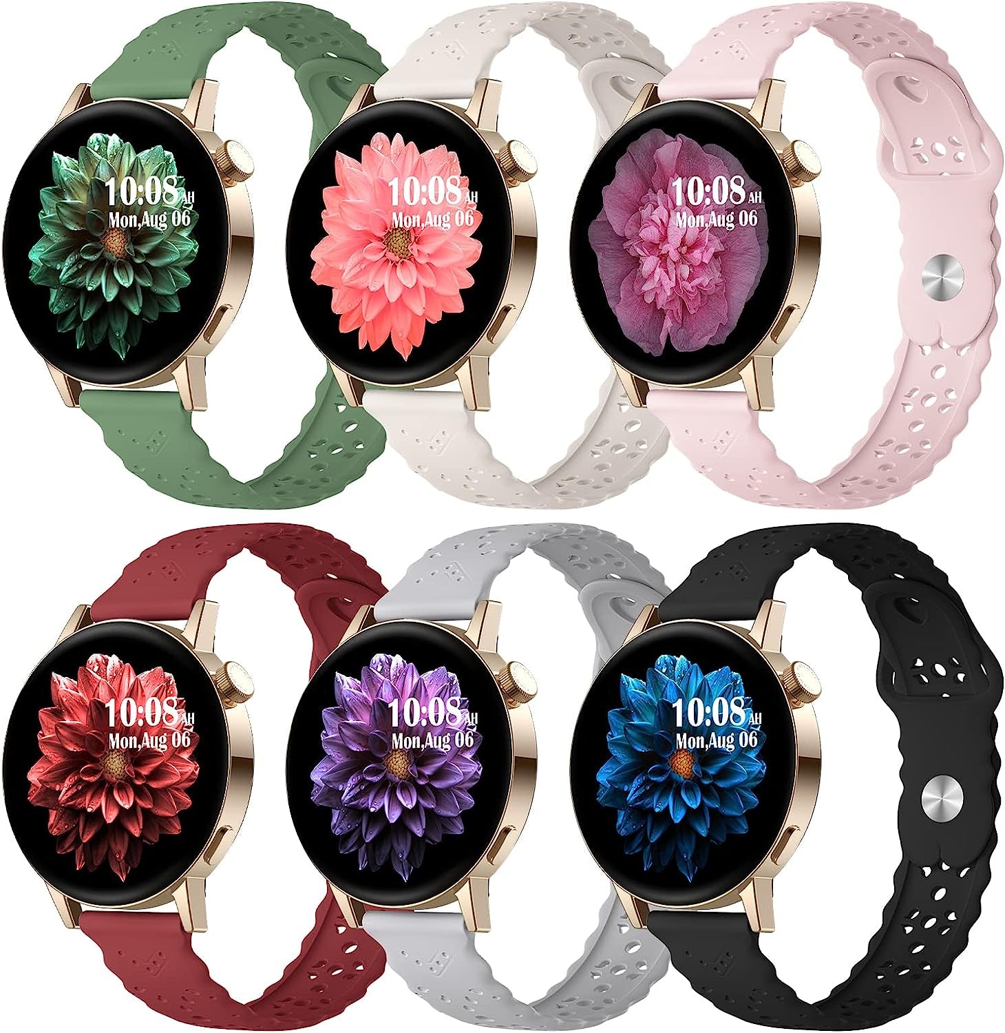 6 Pack Bands Compatible with Samsung Galaxy Watch 5 Band 40Mm 44Mm/5 Pro 45Mm, Galaxy Watch 4 Band 40Mm 44Mm/Watch 4 Classic/Galaxy Watch 3 41Mm, 20Mm Slim Sport Lace Silicone Wristband for Women  AIZHINENG Black/Pink/Starlight/Grey/Light Green/Wine Red  