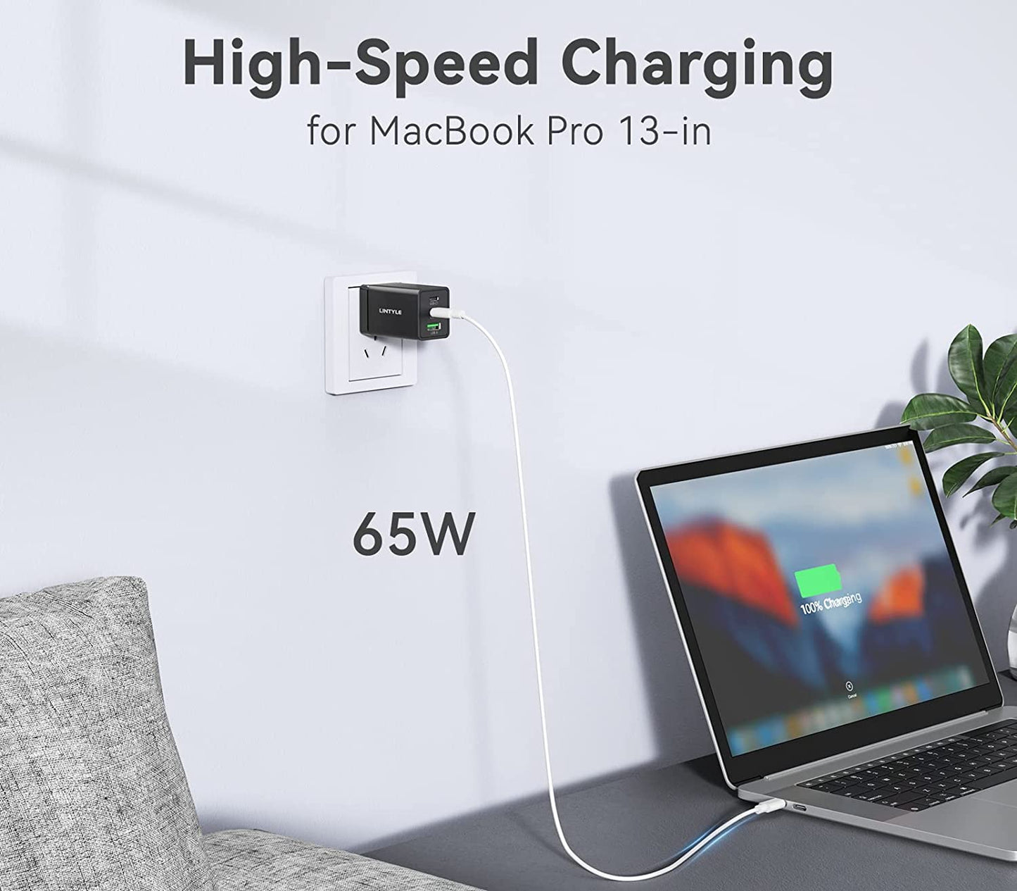 LINTYLE 3-Port USB C Gan Charger 65W PD 3.0 Fast Charger Block USB-C Power Delivery Type C Wall Charger Foldable Adapter for Iphone 14 Pro Max and Macbook Pro/Air, Galaxy S22/S21, Laptop (65W, Black)  LINTYLE   