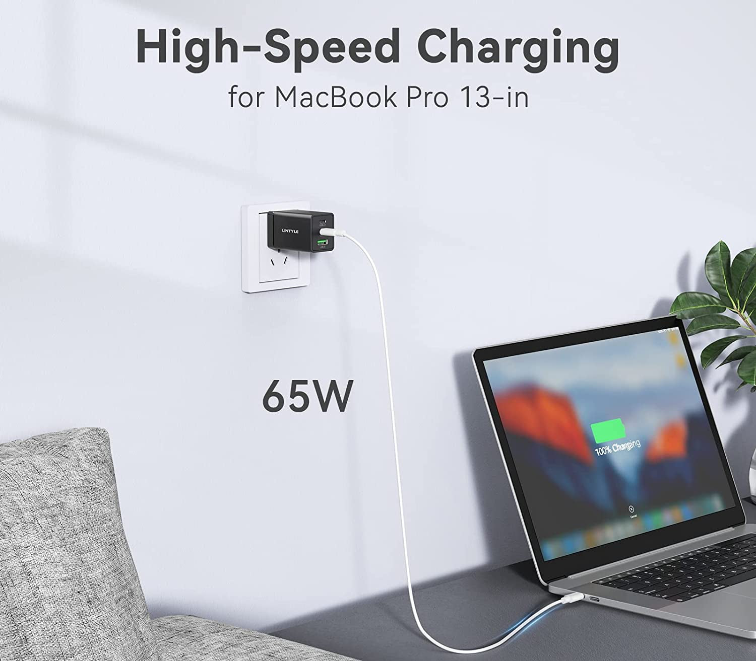 LINTYLE 3-Port USB C Gan Charger 65W PD 3.0 Fast Charger Block USB-C Power Delivery Type C Wall Charger Foldable Adapter for Iphone 14 Pro Max and Macbook Pro/Air, Galaxy S22/S21, Laptop (65W, Black)  LINTYLE   