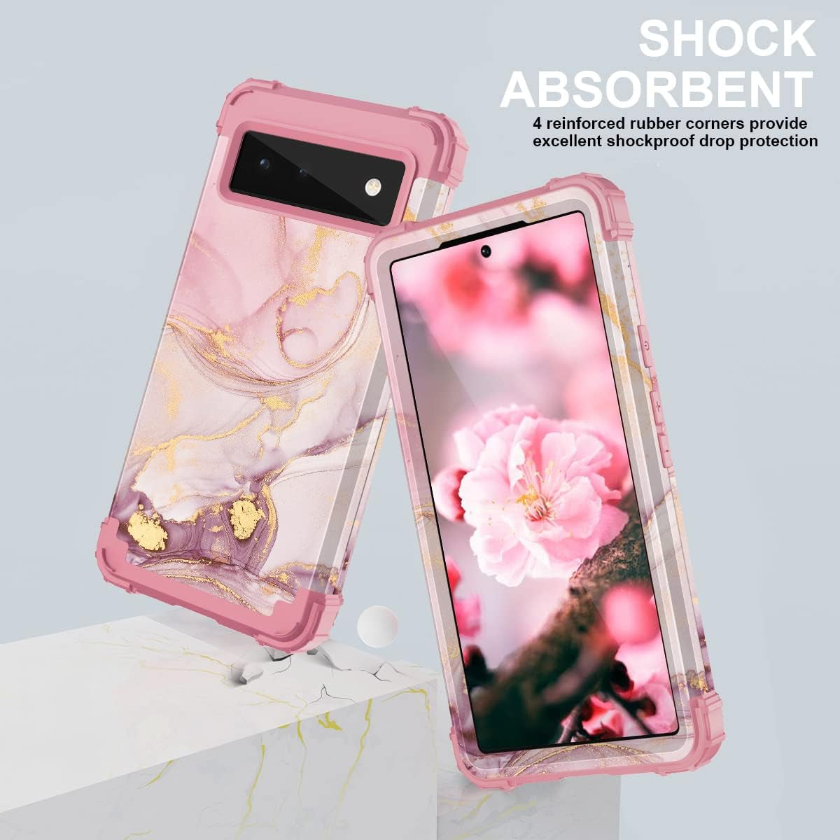Pixel 6 Case,Google Pixel 6 Case,Casewind Marble Design Rose Gold Girl Women 3 in 1 Hard PC Soft TPU Silicone Rugged Bumper Heavy Duty Hybrid Shockproof Anti-Scratch Protective Cover for Pixel 6,6.4"  Casewind   