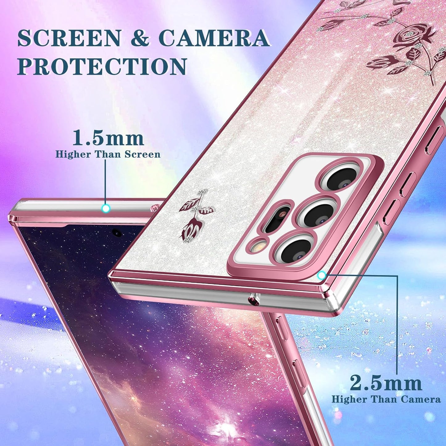 Coralogo (3In1 for Samsung Galaxy Note 20 Ultra Case Glitter Sparkly for Women Girls Bling Shiny Phone Cover Cute Flowers Floral Unique Design with Ring Pretty Cases for Galaxy Note 20 Ultra 5G 6.9''  Coralogo   