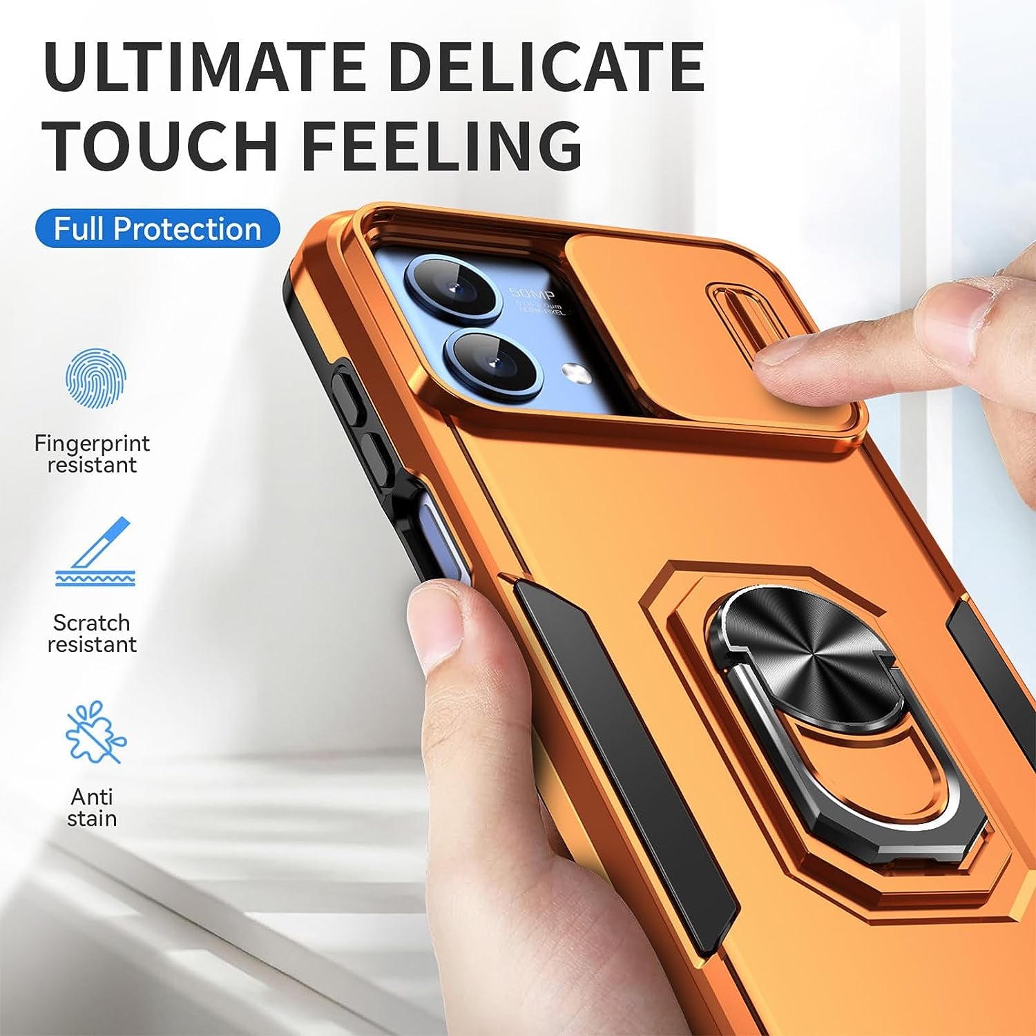 For Motorola Moto G Stylus 5G 2023 Case with Slide Camera Cover + Tempered Glass Screen Protector,[Full Camera Protection] [Ring Kickstand] Military Grade Shockproof Full Body Protective Cover-Orange  Mocotto   