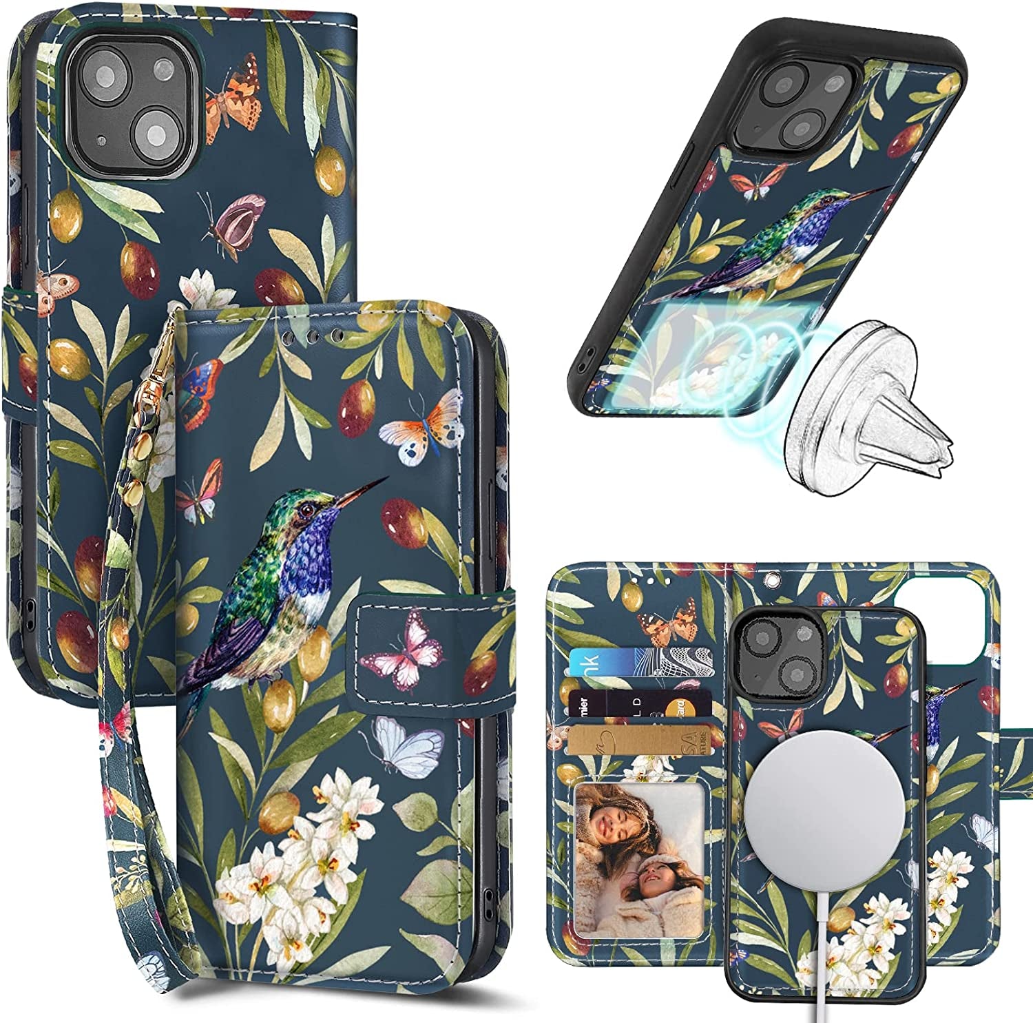 CASEOWL Compatible for Iphone 14 plus Wallet Case [Support Magsafe Charger] 2 in 1 Magnetic Detachable [RFID Blocking] Mandala Embossed Flip Leather Wallet Case with Card Holder,Strap for Women-Gray  CASEOWL Vintage Flower [for iPhone 14 Plus]  