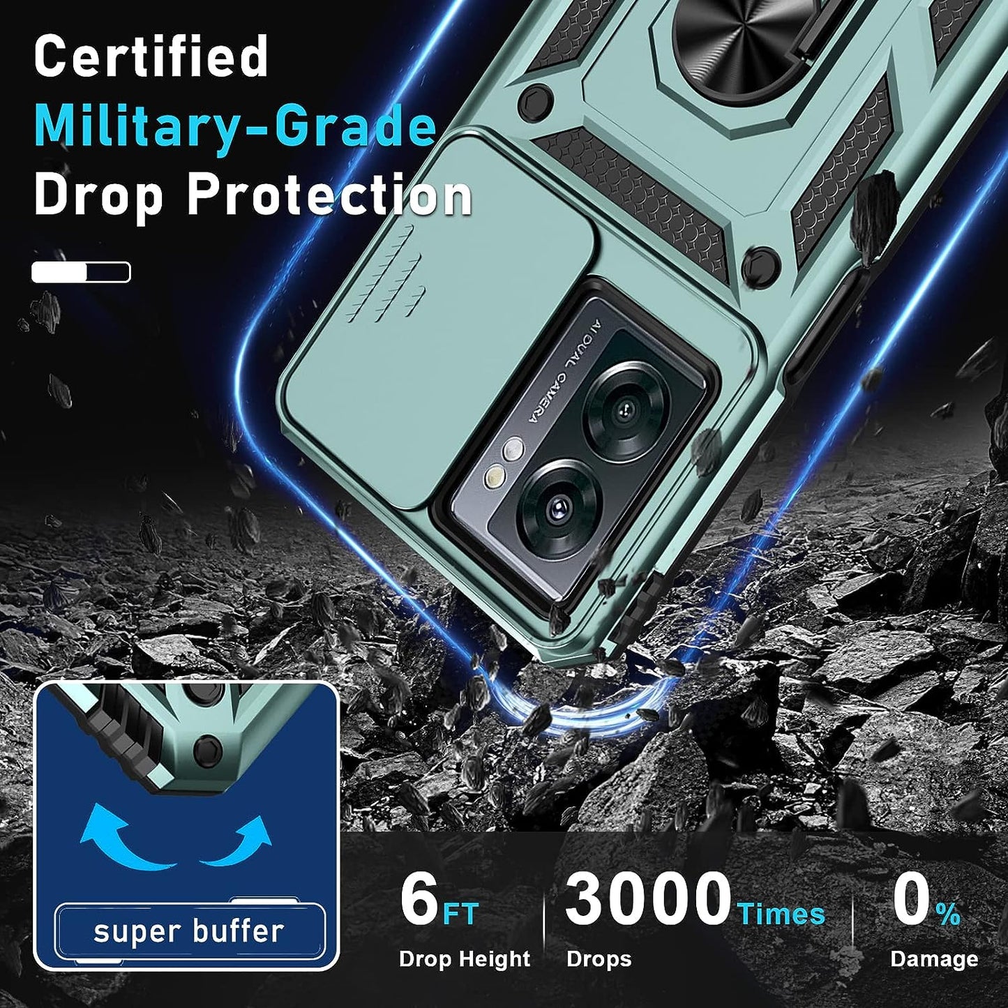 Oneplus Nord N300 5G Case Built in Slide Camera Lens Cover and Screen Protector,Heavy Duty Shockproof Full Body Protective Phone Cover,Built in Finger Ring Stable Holder Kickstand,2022 Dark Green  Janmitta   