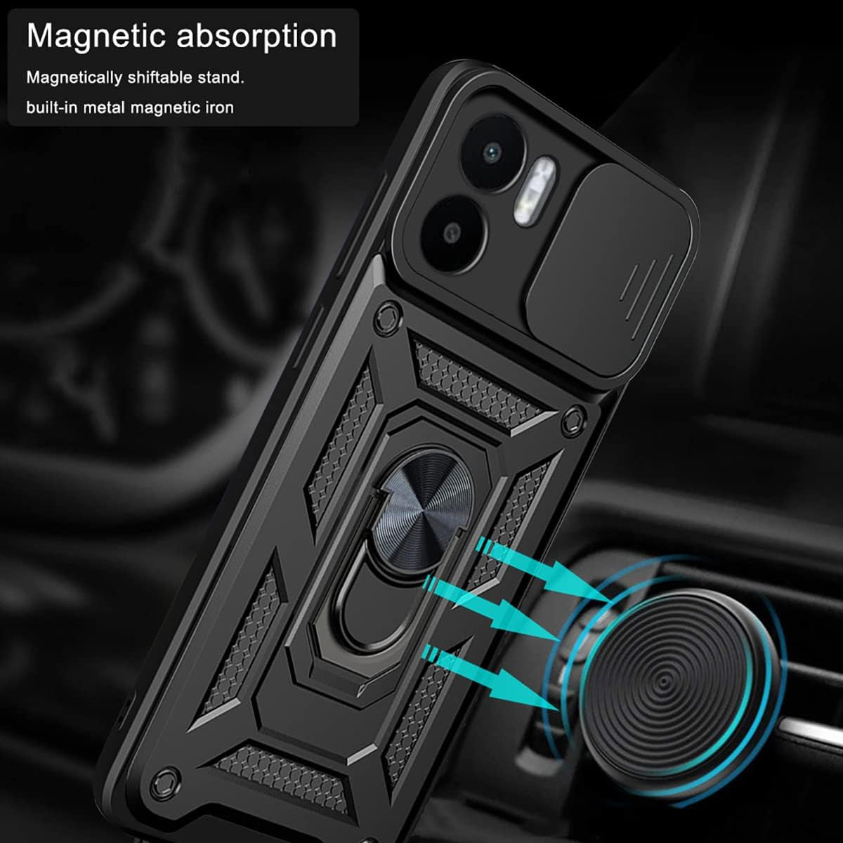 Ysnzaq Military Grade Heavy Duty Case for Xiaomi Redmi A1 /Redmi A2, Sliding Window Lens Protection with Magnetic Bracket Phone Cover for Xiaomi Redmi A1 /Redmi A2 SJ Red  Ysnzaq   