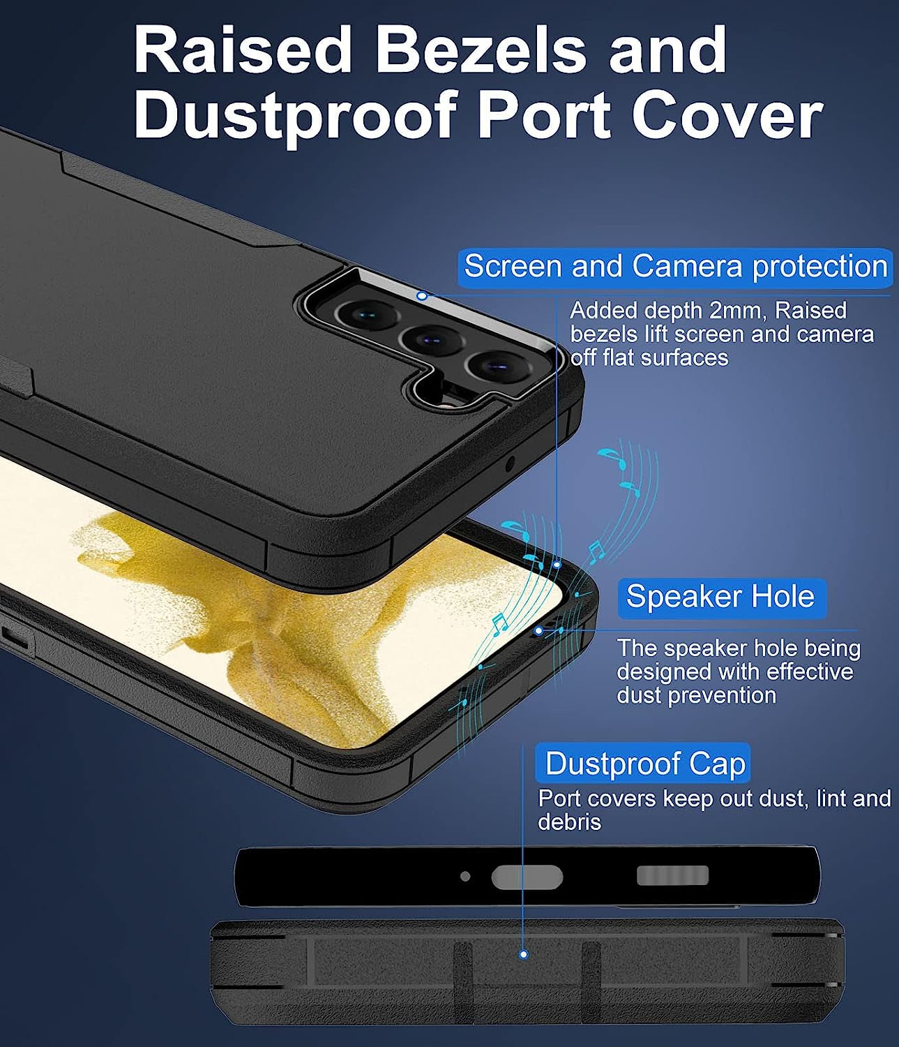 Dahkoiz for Samsung Galaxy S22 plus Case, Dust-Proof Port Cover, Full Body Durable Silicone Rubber Phone Case for Samsung Galaxy S22 plus 5G, Black  UNISMART INC   