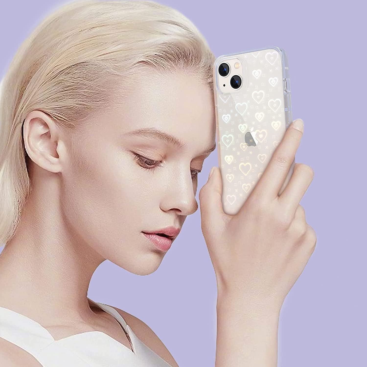 Tksafy Case Compatible Iphone 14 Case, Clear Glitter Cute Laser Holographic Love Heart Pattern for Women Girls, Anti-Yellow Hard PC Protective Phone Cover for Iphone 14 6.1-Inch 2022, Rainbow Heart  Tksafy   