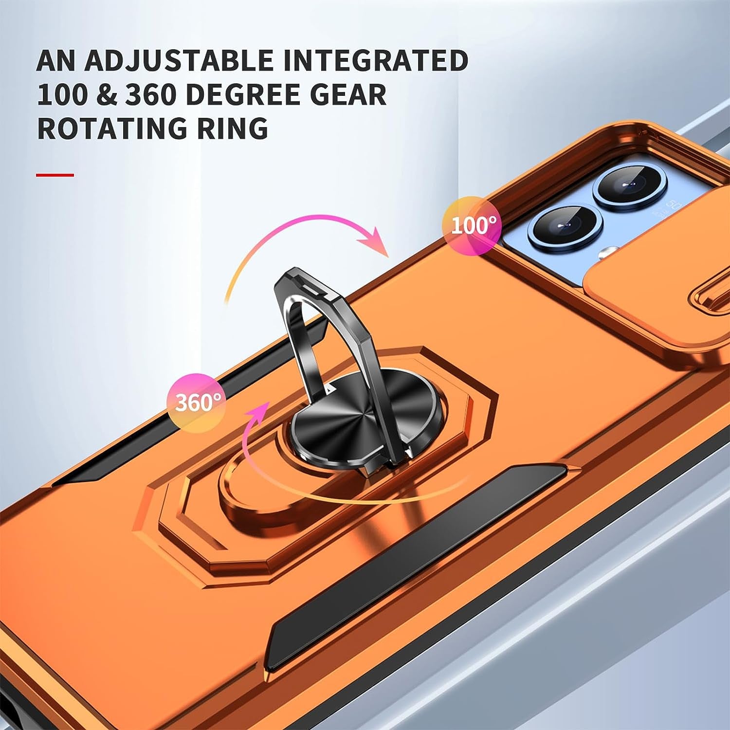 For Motorola Moto G Stylus 5G 2023 Case with Slide Camera Cover + Tempered Glass Screen Protector,[Full Camera Protection] [Ring Kickstand] Military Grade Shockproof Full Body Protective Cover-Orange  Mocotto   