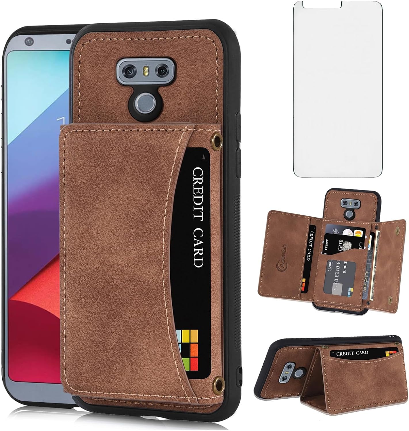 Asuwish Phone Case for LG G6 Wallet Cover with Tempered Glass Screen Protector and PU Leather Credit Card Holder Stand Cell Accessories LGG6 Thinq LG6 Thin Q G 6 plus G6+ 6G VS988 H872 Women Men Blue  Asuwish Brown For Lg G6 / G6 Plus / G6 Thinq 