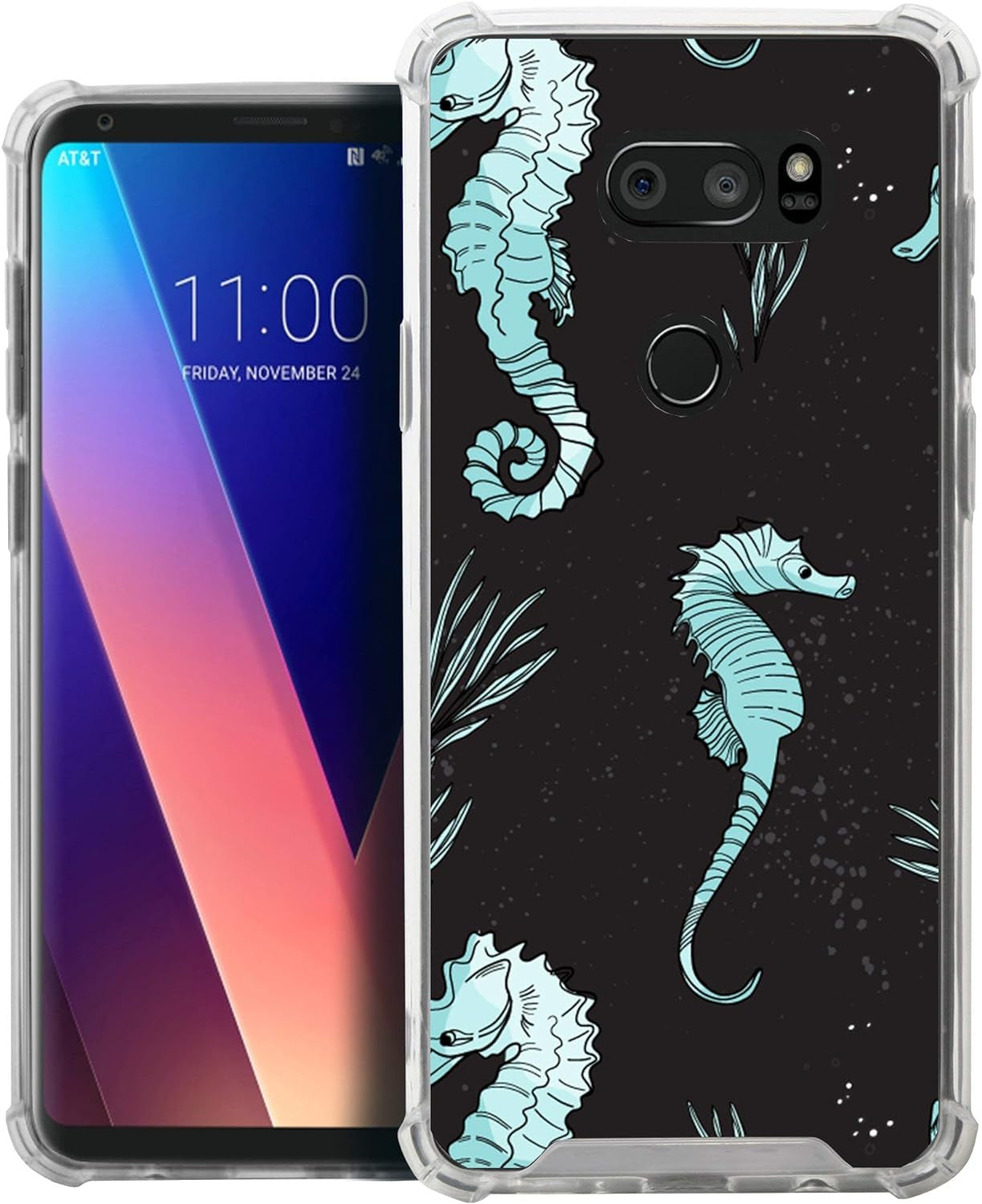Casesondeck Case Compatible with [LG V30 | LG V30 plus | LG V35 Thinq] LG V30 TPU Case, Slim Transparent Flexible TPU Cover with Bump and Drop Corner Protection (Blue Seahorse)  CasesonDeck   