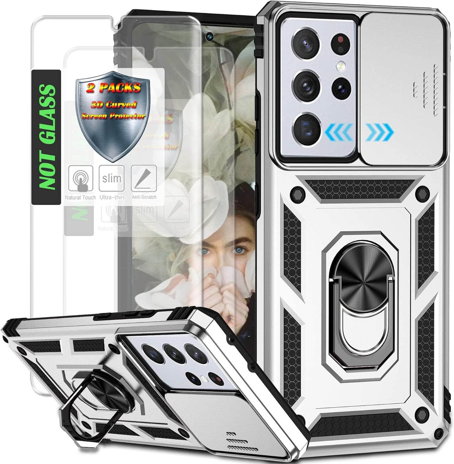 AYMECL Case for S21 Ultra 5G,Galaxys21 Ultra 5G Case with Slide Camera Cover&[2 Packs] Self-Healing Film,360° Rotate Ring Stand Magnetic Cover Case for Samsung Galaxy S21 Ultra 5G 6.8"-Blue  AYMECL Tc-Silver  