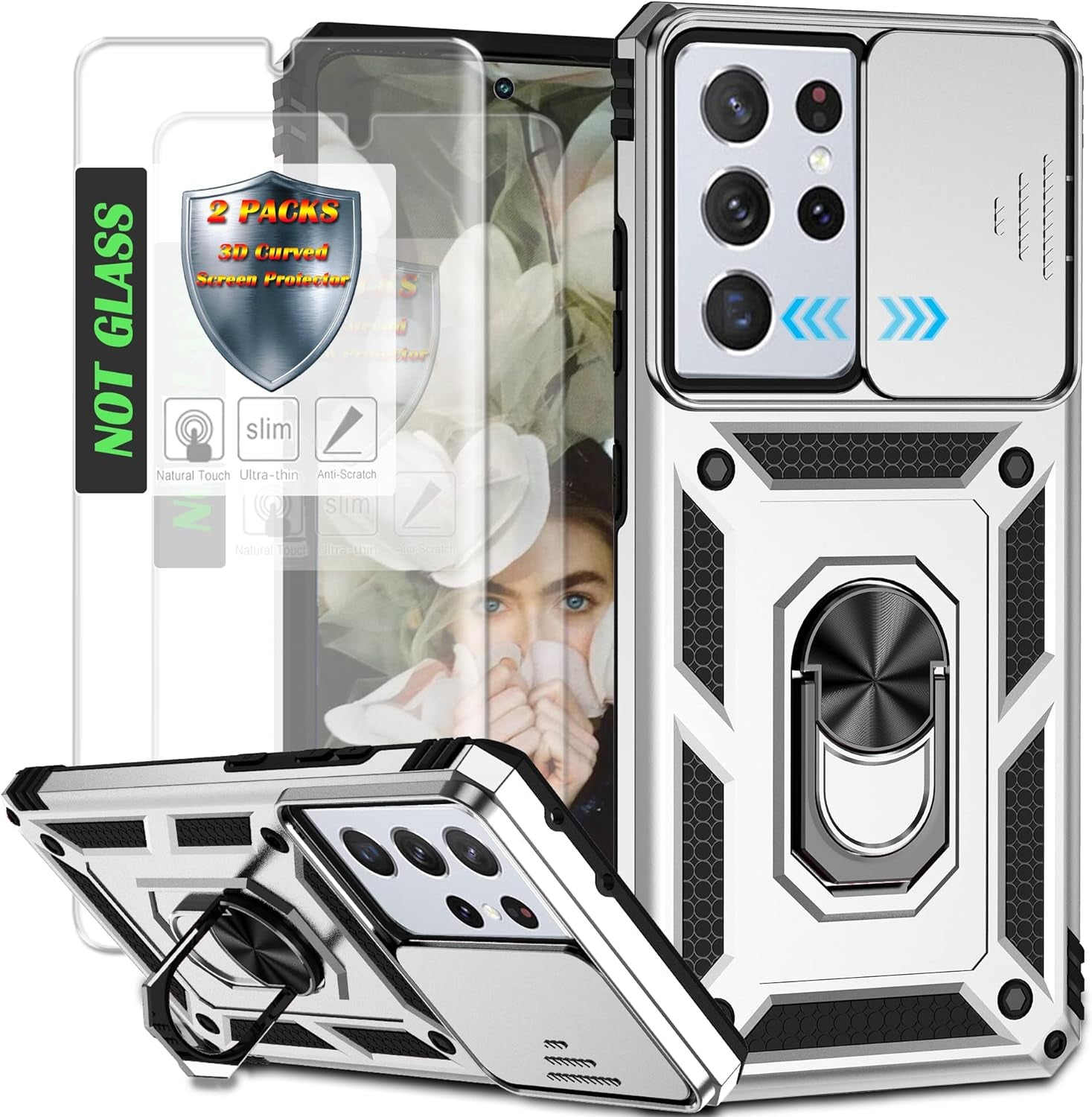 AYMECL Case for S21 Ultra 5G,Galaxys21 Ultra 5G Case with Slide Camera Cover&[2 Packs] Self-Healing Film,360° Rotate Ring Stand Magnetic Cover Case for Samsung Galaxy S21 Ultra 5G 6.8"-Blue  AYMECL Tc-Silver  