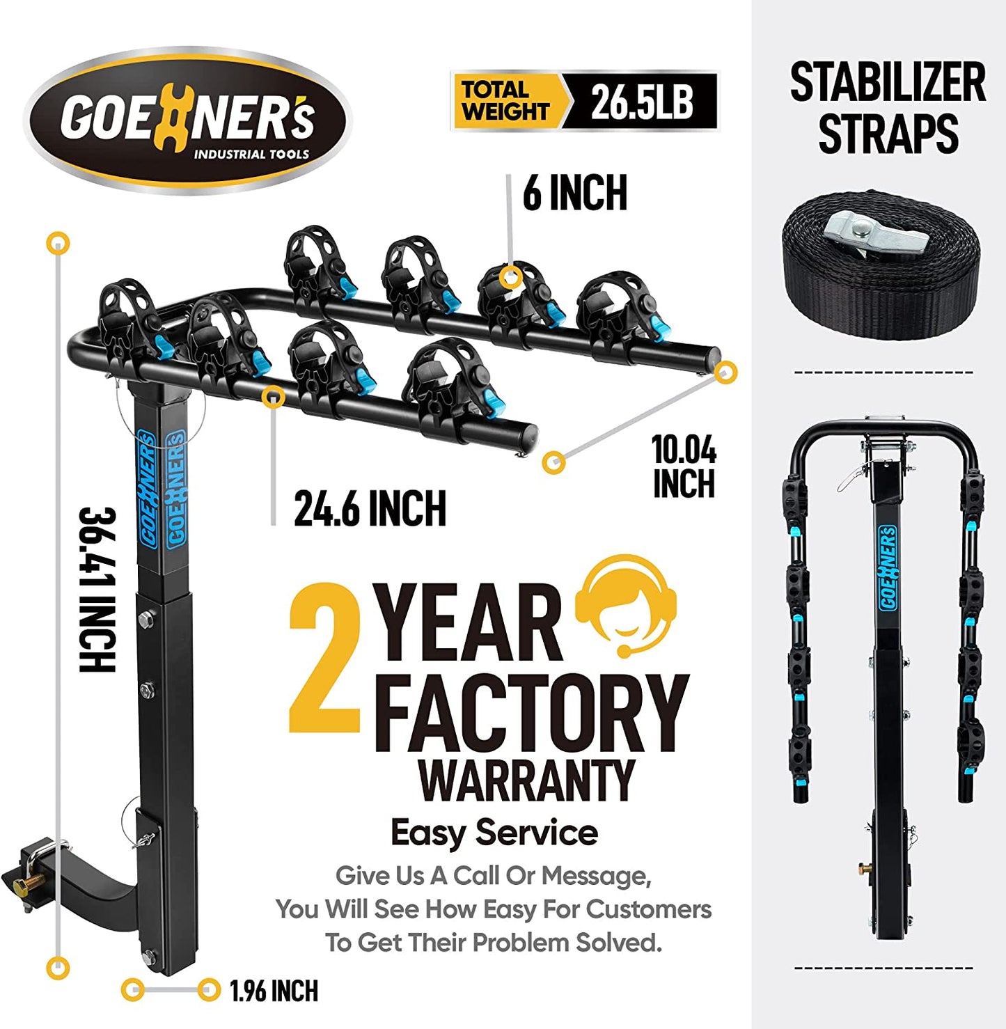 4 Bike Rack Hitch Mount(180 Lbs Capacity), Bike Hitch Hanging Rack and Carrier for Car, SUV and Truck with 2” Receiver, High Strength Double Arms, Anti-Rattle System  GOEHNER's   