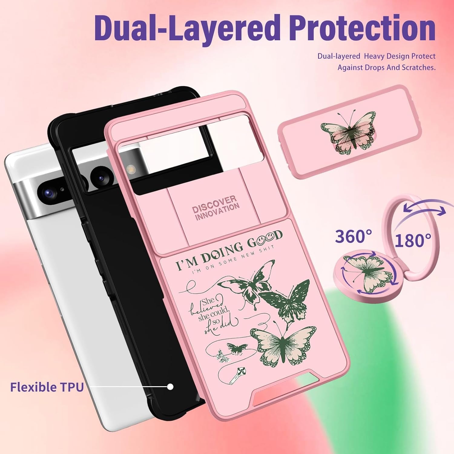 Funermei (2In1 for Google Pixel 7 Pro Case for Women Cute Butterfly Phone Cover Girls Teens Flower Pretty Aesthetic Green Design with Camera Cover and Ring Stand Funda for Google Pixel Pro 7 Case  Funermei   