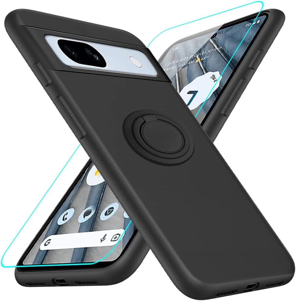 For Motorola Moto G 5G 2023 Phone Case with Glass Screen Protector, 360° Rotatable Ring Holder Magnetic Kickstand/Stand Silicone TPU Shockproof Protective Cover Case for Motorola Moto G 5G - Black  Nijiadi Google 7A Black  