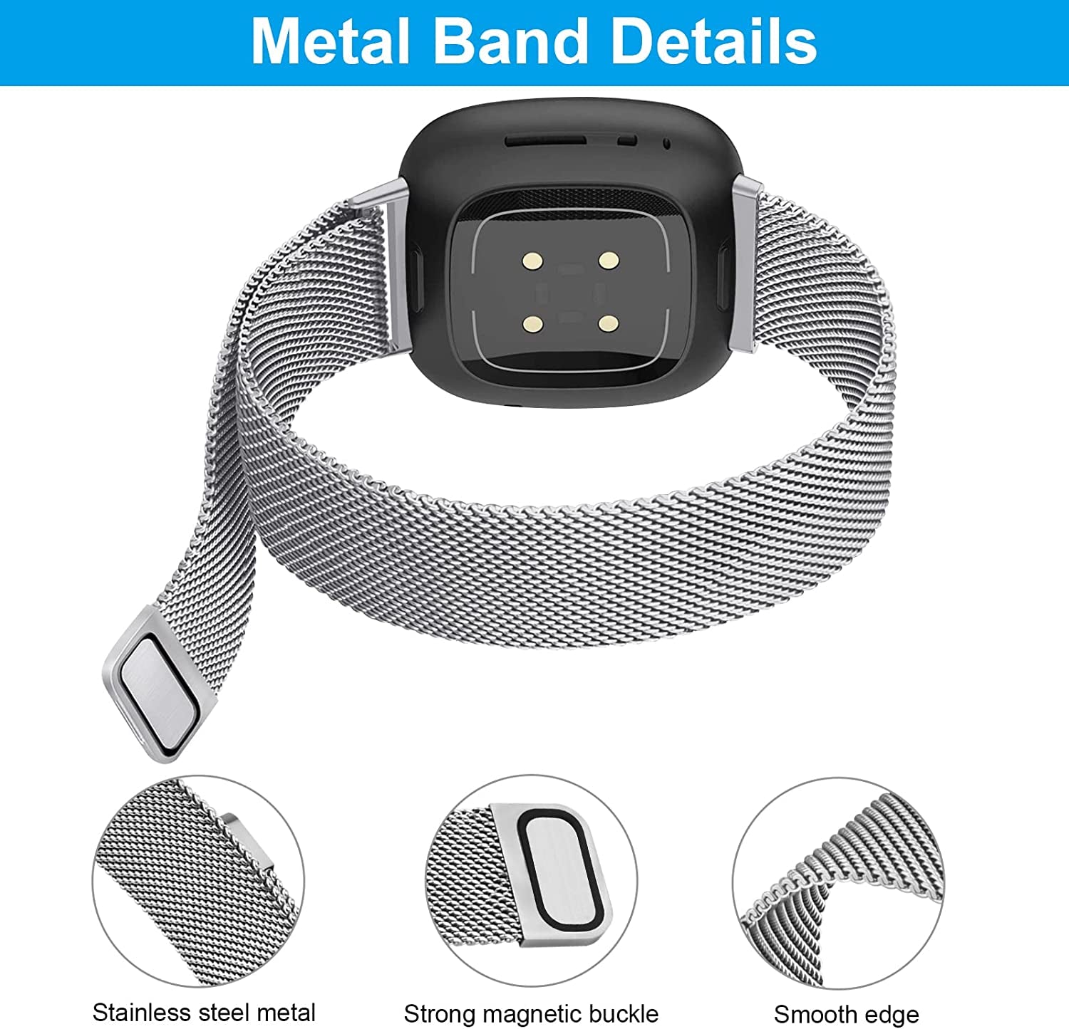 2Pack Metal Bands Compatible with Fitbit Versa 3 /Fitbit Versa 4 /Fitbit Sense 2 /Fitbit Sense Bands for Women Men, Stainless Steel Metal Adjustable Magnetic Strap Replacement for Versa 3/Fitbit Sense  Afoskce   