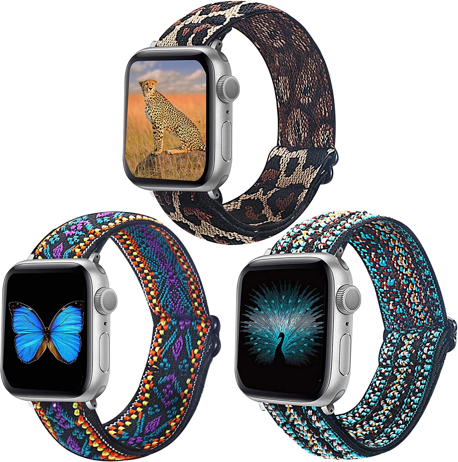 Dsytom 3 Pack Elastic Band Compatible with Apple Watch Bands 38Mm 41Mm 40Mm 42Mm 44Mm 45Mm, Adjustable Stretchy Nylon Bands for Iwatch Series Ultra 8/7/6/5/4/3/2/1 SE Strap for Women  Dsytom Leopard+Fashion color+Boho Flower 42mm/44mm/45mm/49mm 