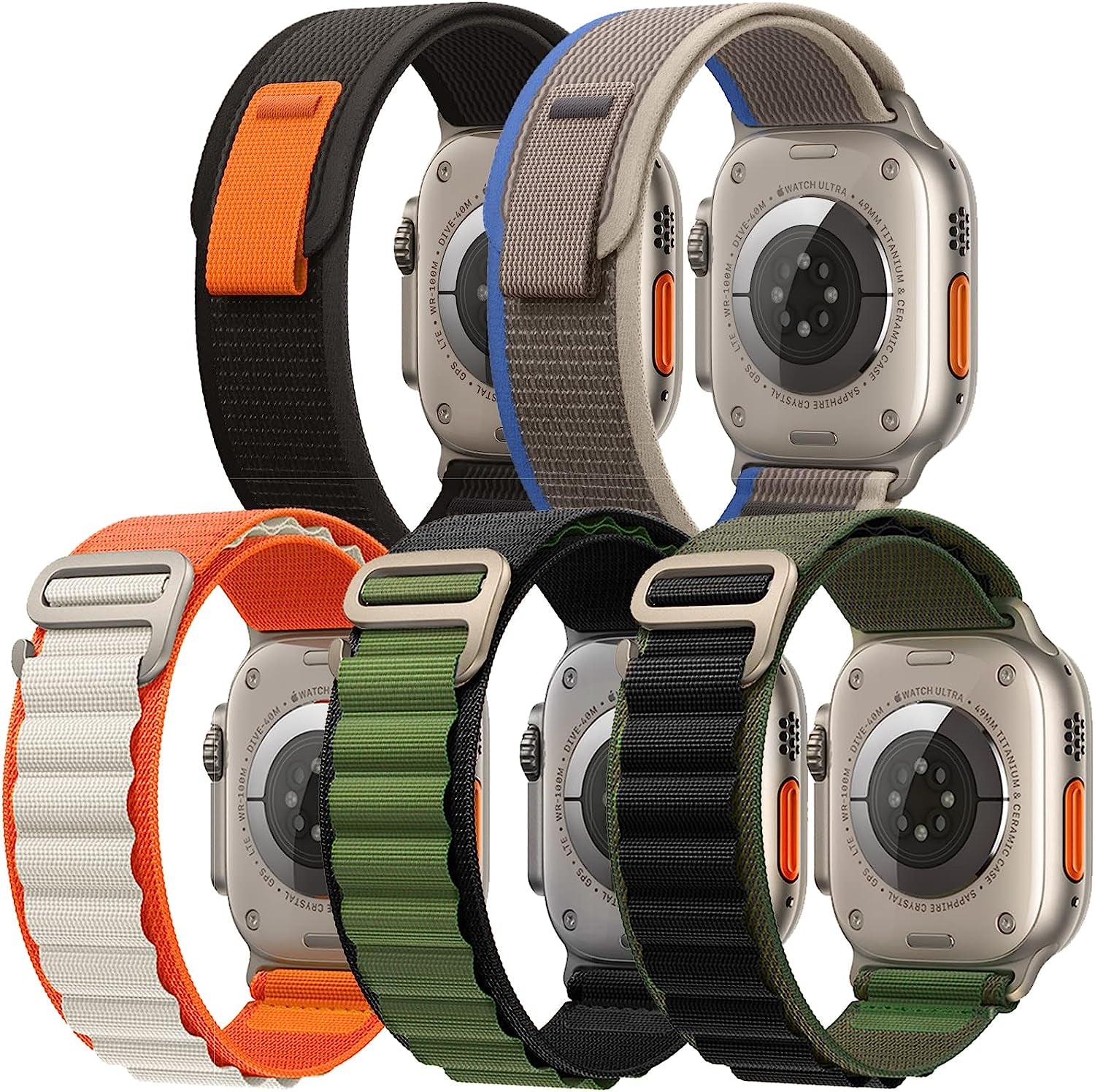 5 Pack Alpine Loop Bands Compatible with Apple Watch Ultra Band 49Mm 45Mm 44Mm 42Mm Women Men, Rugged Woven Nylon Sport Band with G-Hook for Apple Watch Ultra Iwatch Series 8 7 SE 6 5 4 3 2 1  Aupcdbe   