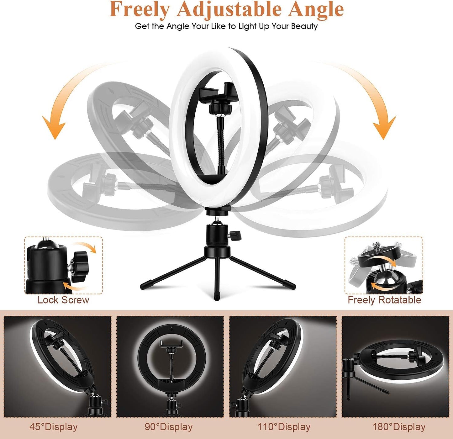 8'' Ring Light with Tripod Stand & Phone Holder for Selfie, Makeup,Live Streaming & Youtube Video,3 Light Modes and 10 Brightness Level,Dimmable Desk Makeup Ring Light  TBJSM   