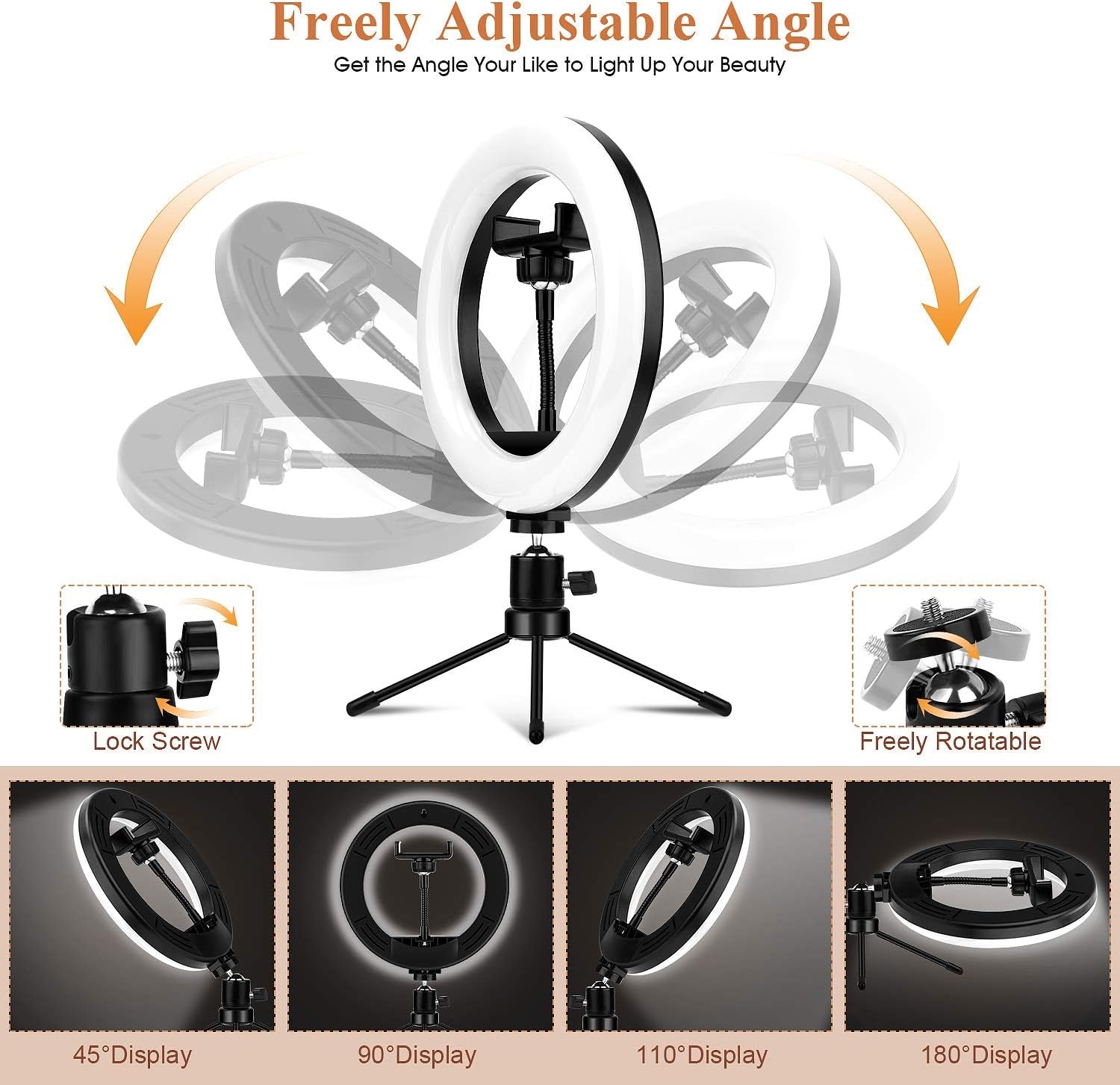 8'' Ring Light with Tripod Stand & Phone Holder for Selfie, Makeup,Live Streaming & Youtube Video,3 Light Modes and 10 Brightness Level,Dimmable Desk Makeup Ring Light  TBJSM   