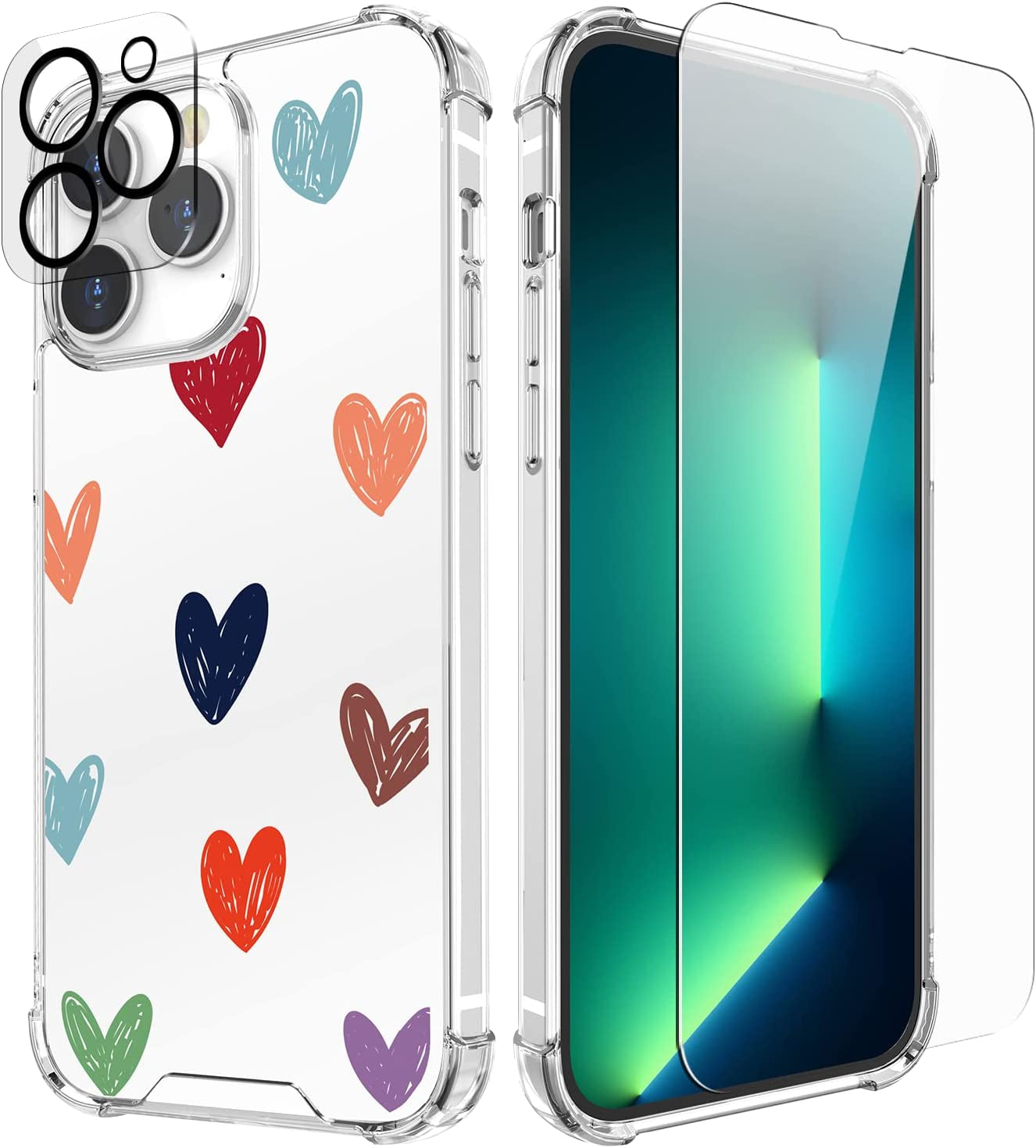 Cutebe [3 in 1 Crystal Phone Case for Iphone 13(2021)/Iphone 14(2022) 6.1", Cute Protective Cover with 9H Temper Glass Screen Protector + HD Temper Camera Lens Protector for Women, Girls  Cutebe iPhone 14 Pro Max-Heart Design iPhone 14 Pro Max Case 6.7 Inch 