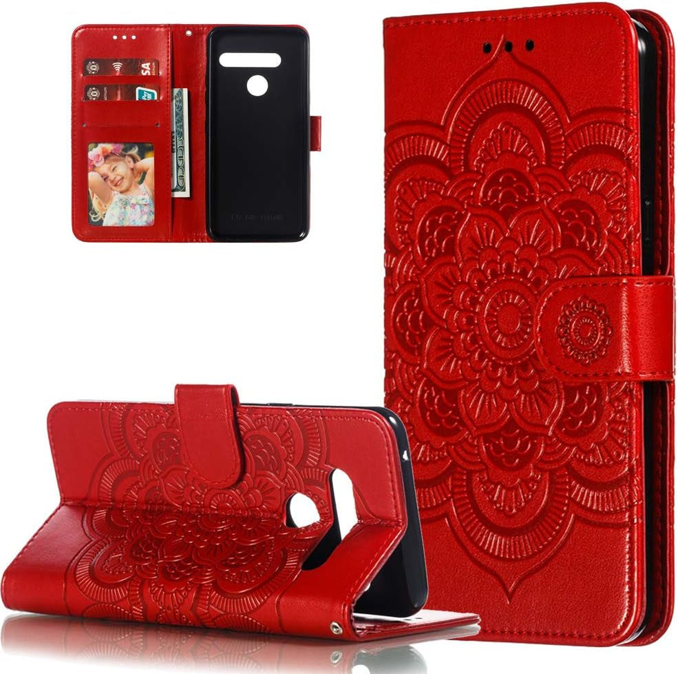 HMTECHUS LG G8 Thinq Case Embossing Durable Shell Card Slots Holder Luxury PU Leather Wallet Bookstyle Magnetic Stand Shockproof Protection Flip Cover for LG G8 / G8S / G8 Thinq Mandala Gray LD  HMTECHUS Ld] Mandala:Red  