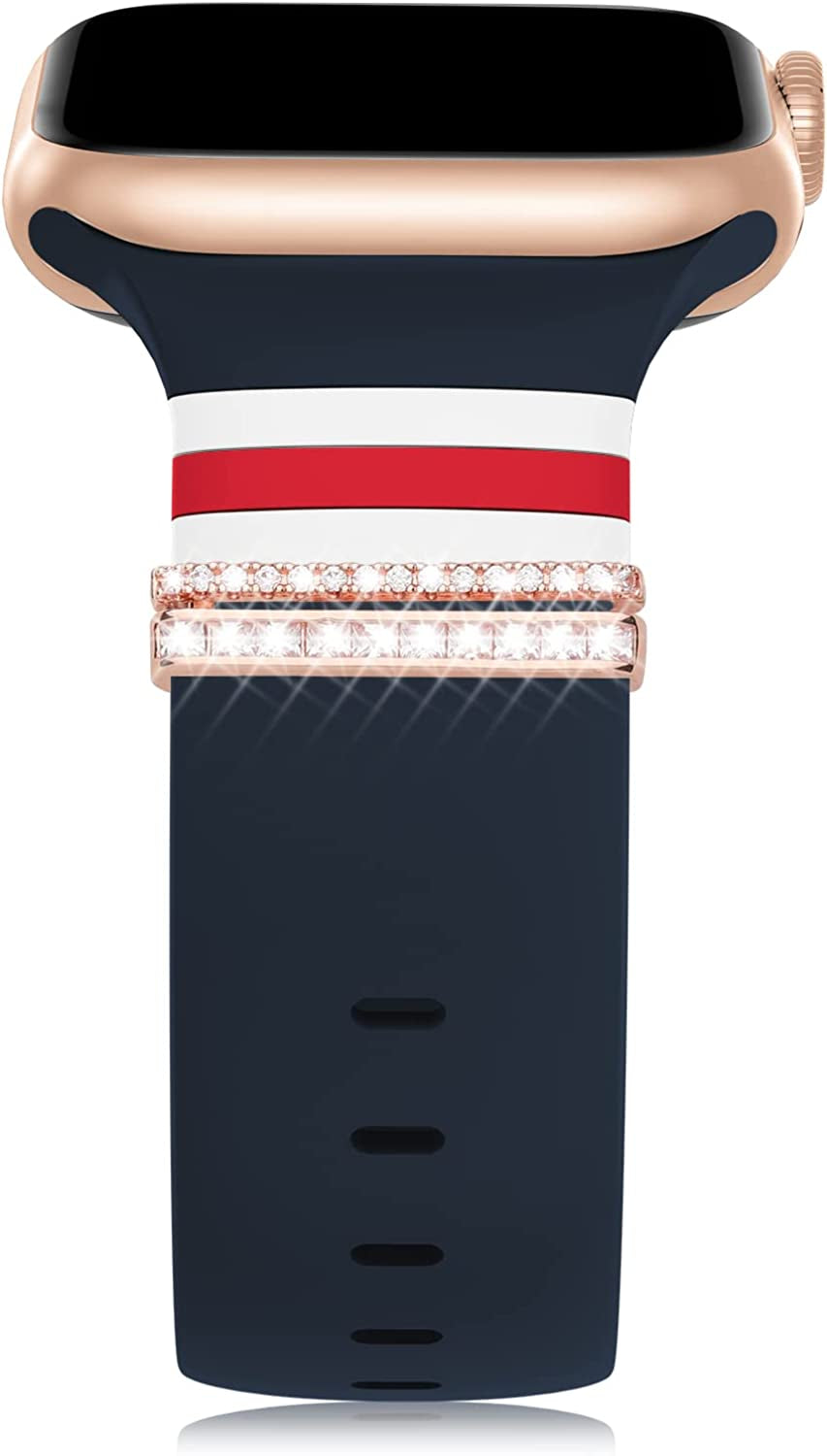 Designer Bands with Charms Decor Compatible with Apple Watch Band 38Mm 40Mm 41Mm 42Mm 44Mm 45Mm 49Mm for Women, Stylish Soft Silicone Sport Strap for Apple Watch Ultra Iwatch Series 8 SE 7 6 5 4 3 2 1  Seizehe Blue/White/Red & Double Layer Monogram Drill 38mm/40mm/41mm 