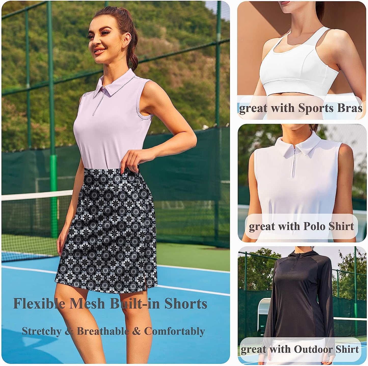 Women'S 20" Knee Length Tennis Skorts Skirts SPF Elastic Athletic Skorts with Shorts Golf Skirt with Pocket Casual Skorts  COOrun   
