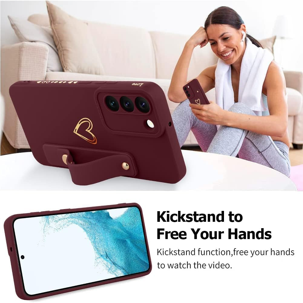 Fiyart Galaxy S22 5G Case - Cute Love Hearts, Slim Protective Cover, Camera Protection, Stand Holder & Wrist Strap, 6.1" - Wine Red  Fiyart   