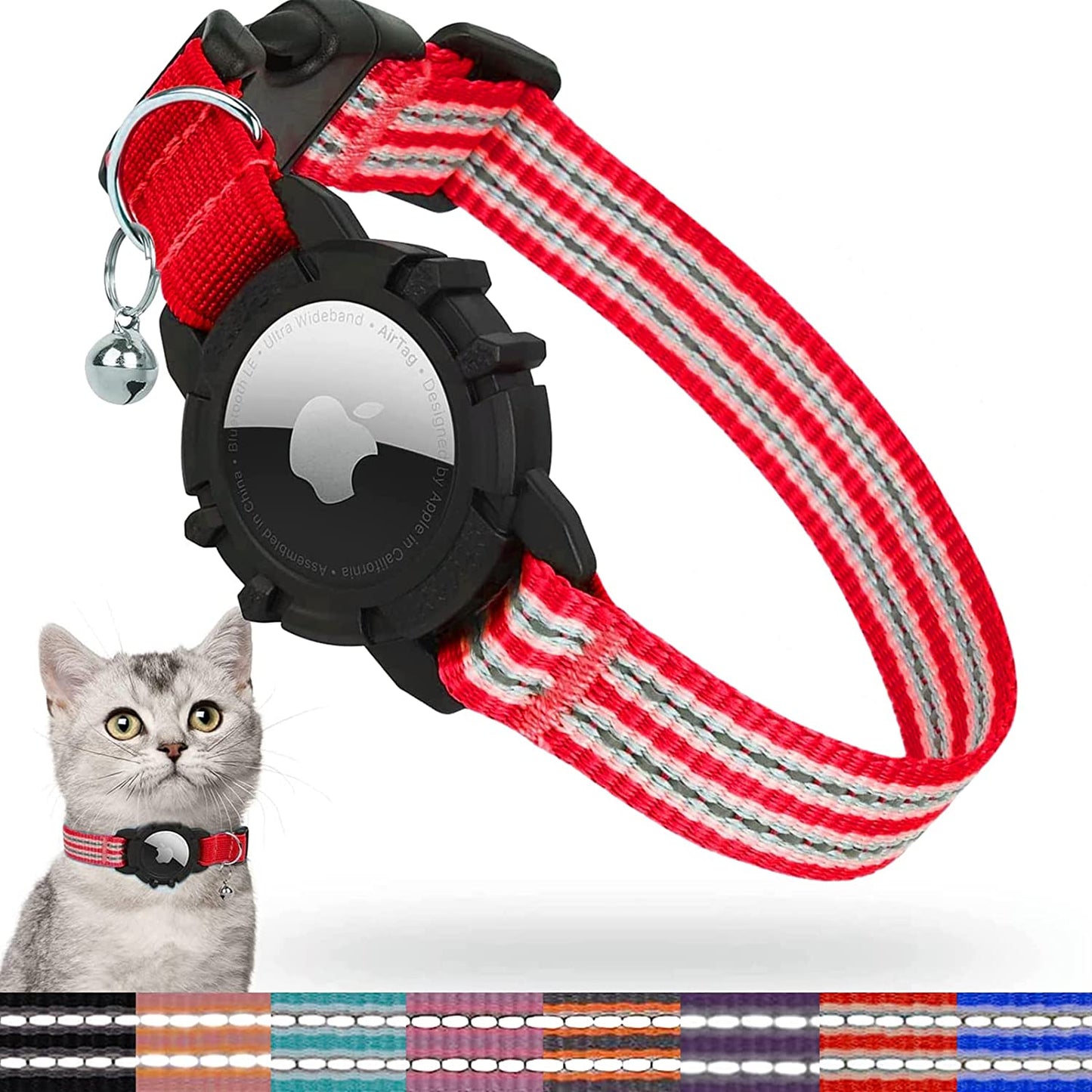 FEEYAR Airtag Cat Collar,Integrated Kitten Collar with Apple Airtag Holder, Reflective GPS Cat Collar with Bell[Pink], Lightweight Tracker Cat Collars for Girl Boy Cats, Kittens and Puppies  FEEYAR Red 7-9 Inch 