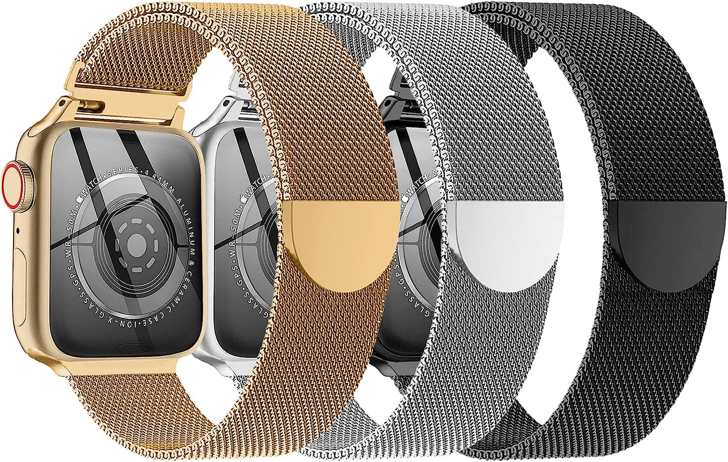 Metal Milanese Loop Band Compatible with Apple Watch Band 38Mm 40Mm 41Mm 42Mm 44Mm 45Mm 49Mm Women Men, Stainless Steel Mesh Magnetic Adjustable Strap for Iwatch Series Ultra/8/7/6/5/4/3/2/1/Se, Gold  BANDHOME A-Black/Silver/Gold 42mm/44mm/45mm/49mm 
