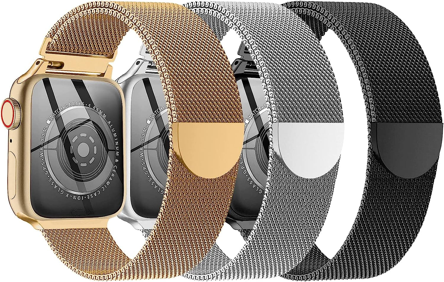 Metal Milanese Loop Band Compatible with Apple Watch Band 38Mm 40Mm 41Mm 42Mm 44Mm 45Mm 49Mm Women Men, Stainless Steel Mesh Magnetic Adjustable Strap for Iwatch Series Ultra/8/7/6/5/4/3/2/1/Se, Gold  BANDHOME A-Black/Silver/Gold 42mm/44mm/45mm/49mm 