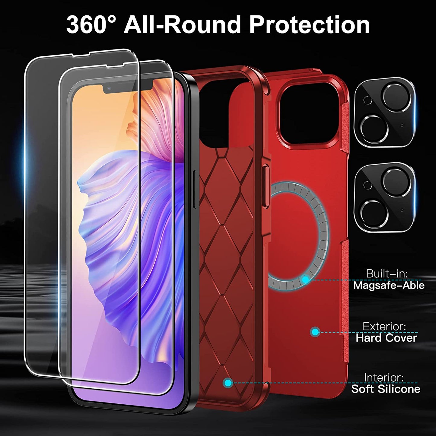 Xiwxi Magnetic for Iphone 14 Case [Compatible with Magsafe][Military Grade Drop Protection] [Glass Screen Protector+Camera Lens Protector] Non-Slip Full-Body Shockproof Phone Case,Red  xiwxi   