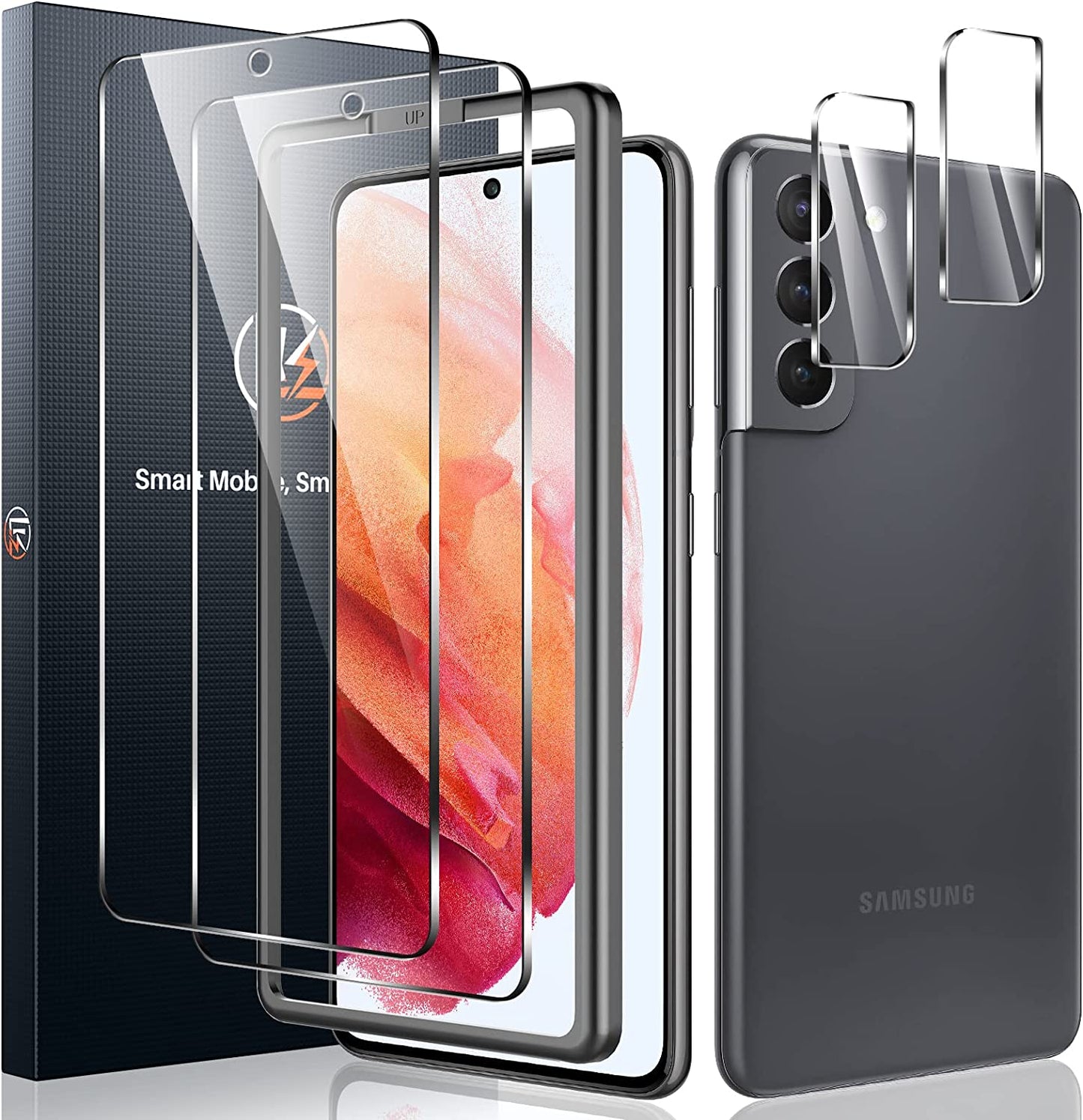 LK 2 + 2 Tempered Glass Screen Protectors Compatible with Samsung Galaxy S21 Anti-Scratch and Bubble-Free, Contains 2 Screen Protectors and 2 Rear Camera Protectors with Installation Frame (Ultra HD)  LK   