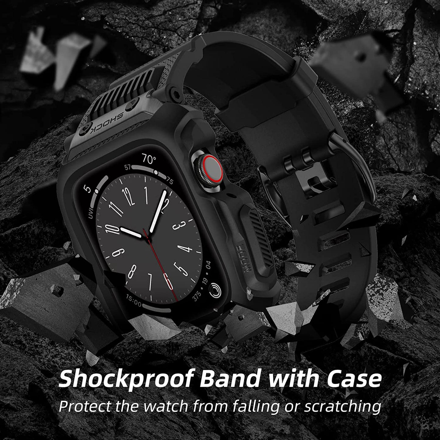 OUHENG Compatible with Apple Watch Band 45Mm 44Mm 42Mm with Case, Men Rugged Sport Military TPU with Metal Pieces Strap with Bumper Cover for Iwatch Series SE2 SE 8 7 6 5 4 3 2 1, Matte Black  OUHENG   