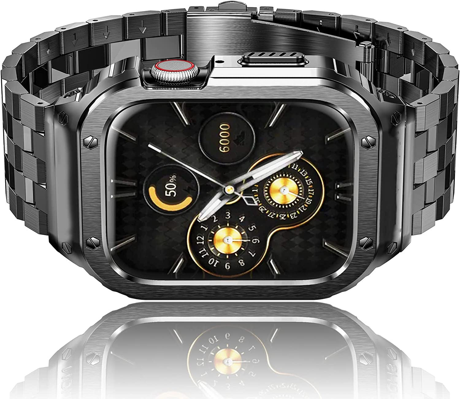 Amznew Apple Watch Bands Compatible for Iwatch Series Ultra (49Mm) 8/7(45Mm/41Mm), 6/5/4/Se(44Mm/40Mm) 3/2/1(42Mm/38Mm), Stainless Steel Iwatch Bands with Case and Protective Cover Men  Amznew Dark-Grey 44/42mm 