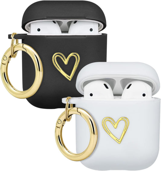 Wonjury Airpods Case Soft TPU Gold Heart Pattern Cute with Keychain Shockproof Cover Case for Girls Woman Apple Airpods 2 &1 - Black+White  Wonjury   