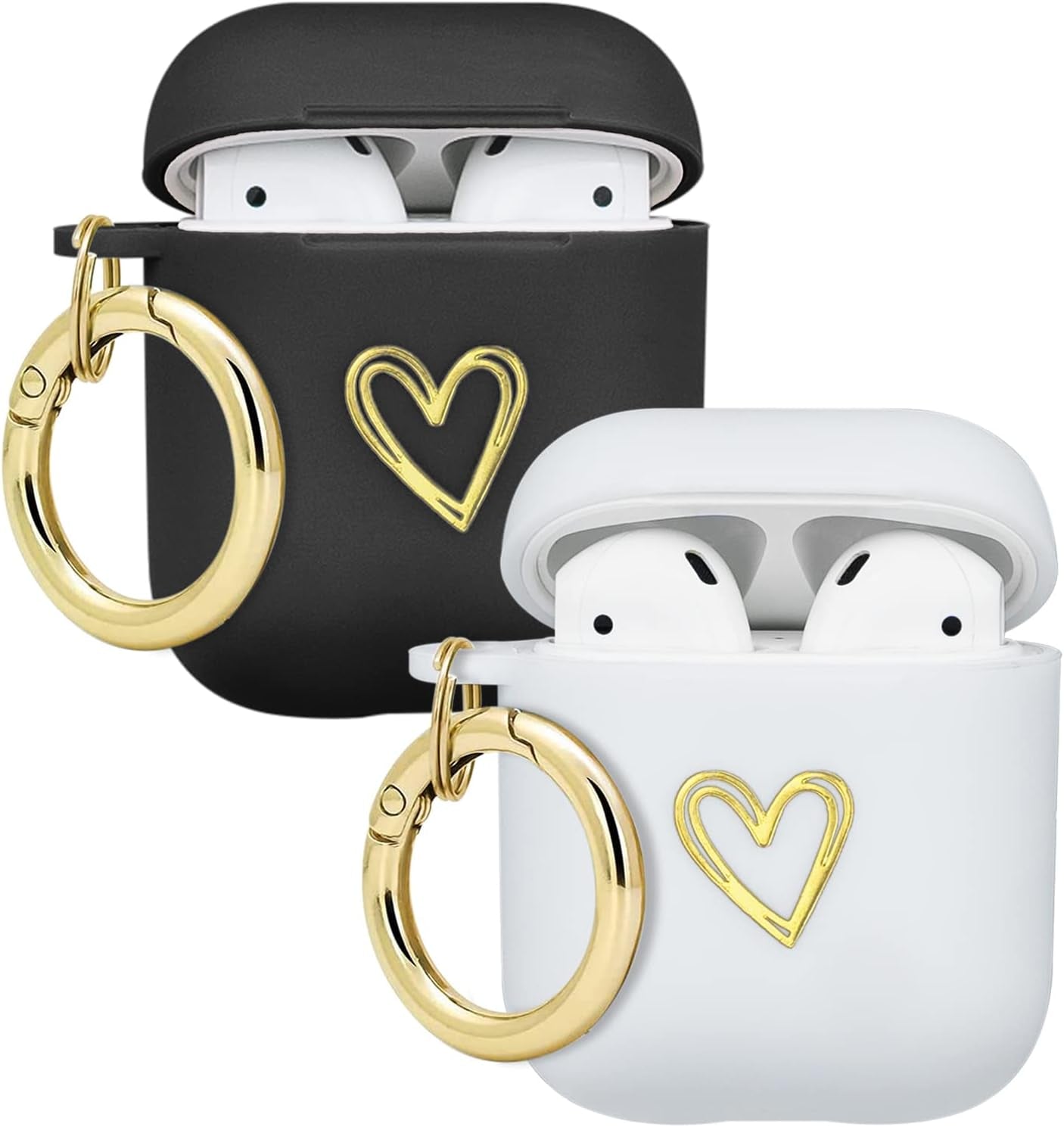 Wonjury Airpods Case Cute Soft TPU Gold Heart Pattern with Keychain Shockproof Cover Case for Girls Woman Apple Airpods 2 &1 - Pink  Wonjury 2Pack (Black+White)  