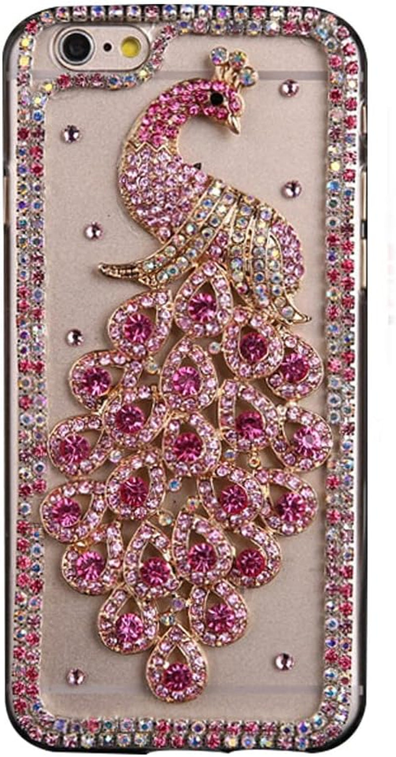 Luziun Glitter Design Phone Case Compatible with Google Pixel 6 Pro - 3D Luxury Girls Women Shiny Bling Handcrafted Protective Cover with Screen Protector (2 Pack) - Hot Pink Peacock  LUZiUN   